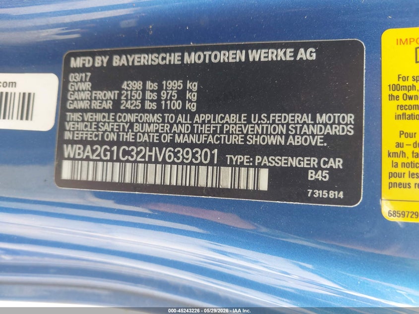 2017 BMW M240I VIN: WBA2G1C32HV639301 Lot: 45243226