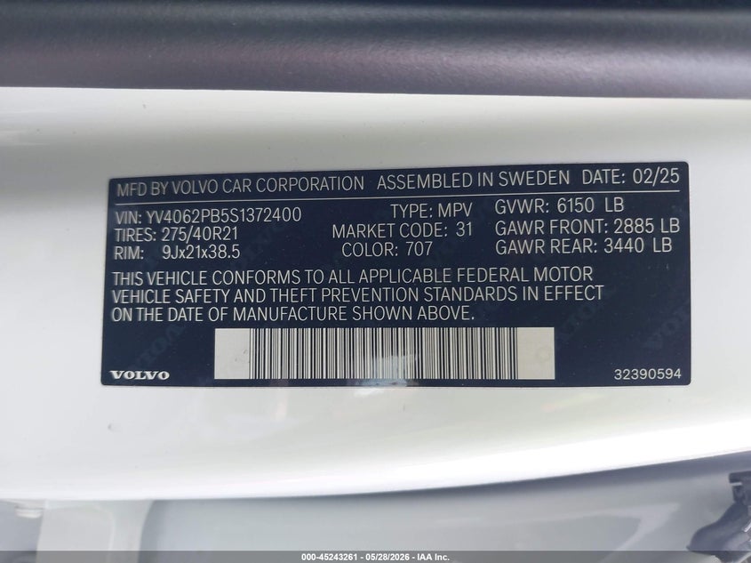 2025 Volvo Xc90 B6 Plus 7-Seater VIN: YV4062PB5S1372400 Lot: 45243261