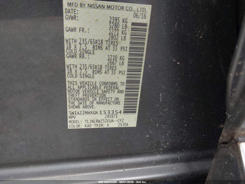 NISSAN MURANO 2016 VIN 5N1AZ2MHXGN153354