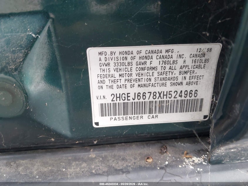 1999 Honda Civic Lx VIN: 2HGEJ6678XH524966 Lot: 45243334