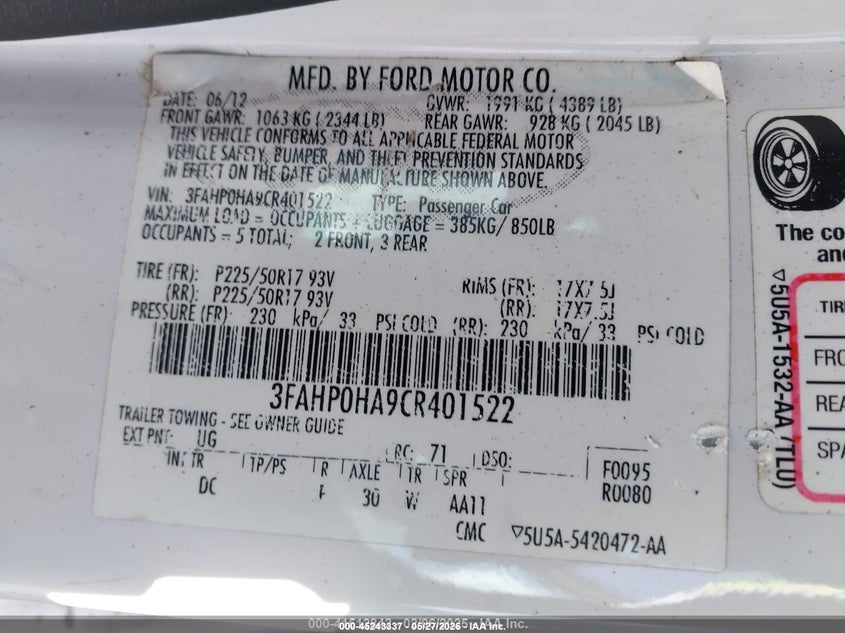 2012 FORD FUSION SEDAN 2.5L I-4 DOHC, VVT, 175HP