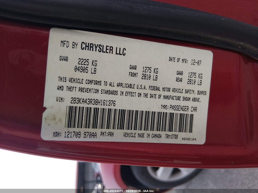 2008 Dodge Charger VIN: 2B3KA43R38H161376 Lot: 45243371