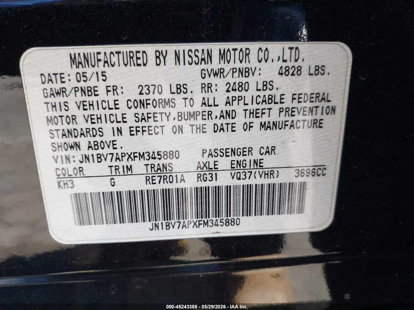 2015 Infiniti Q50 Sport VIN: JN1BV7APXFM345880 Lot: 45243388