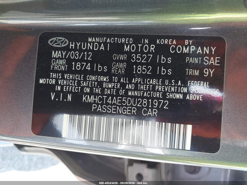 2013 Hyundai Accent Gls VIN: KMHCT4AE5DU281972 Lot: 45243426
