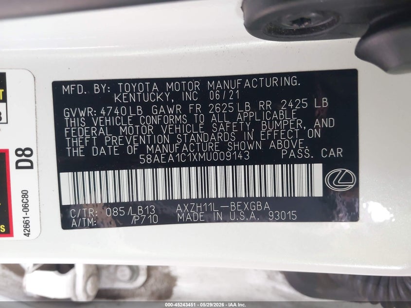 2021 Lexus Es 300H Luxury VIN: 58AEA1C1XMU009143 Lot: 45243451