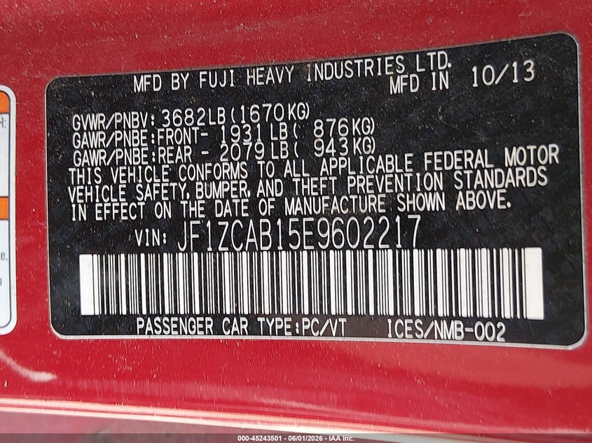 2014 Subaru Brz Premium VIN: JF1ZCAB15E9602217 Lot: 45243501