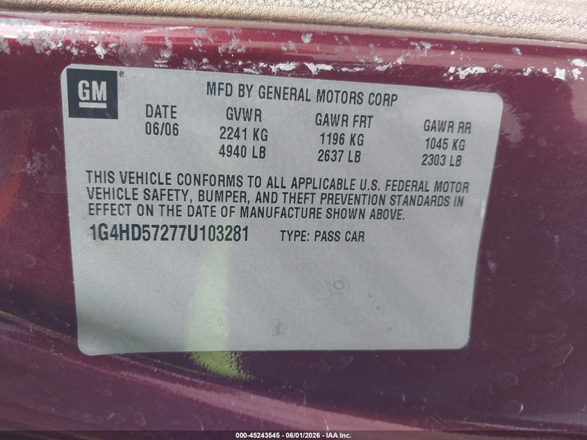 2007 Buick Lucerne Cxl VIN: 1G4HD57277U103281 Lot: 45243545