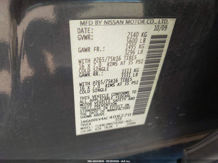 2010 NISSAN NAVARA (FRONTIER) TRUCK 4.0L V-6 DOHC, VVT, 261HP