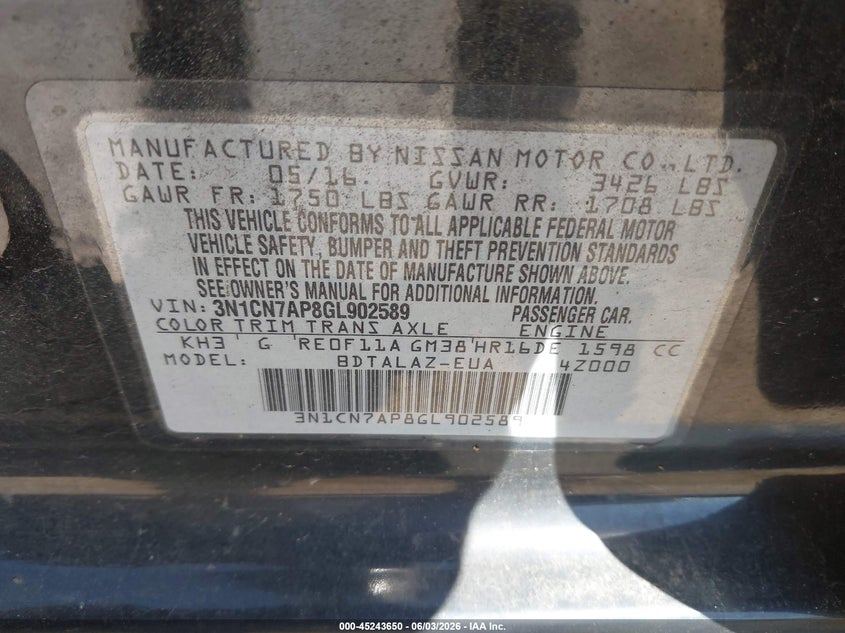 2016 Nissan Versa 1.6 S+ VIN: 3N1CN7AP8GL902589 Lot: 45243650