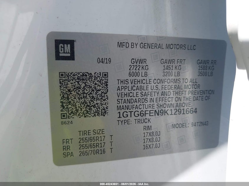 2019 GMC Canyon All Terrain W/Cloth VIN: 1GTG6FEN9K1291664 Lot: 45243651