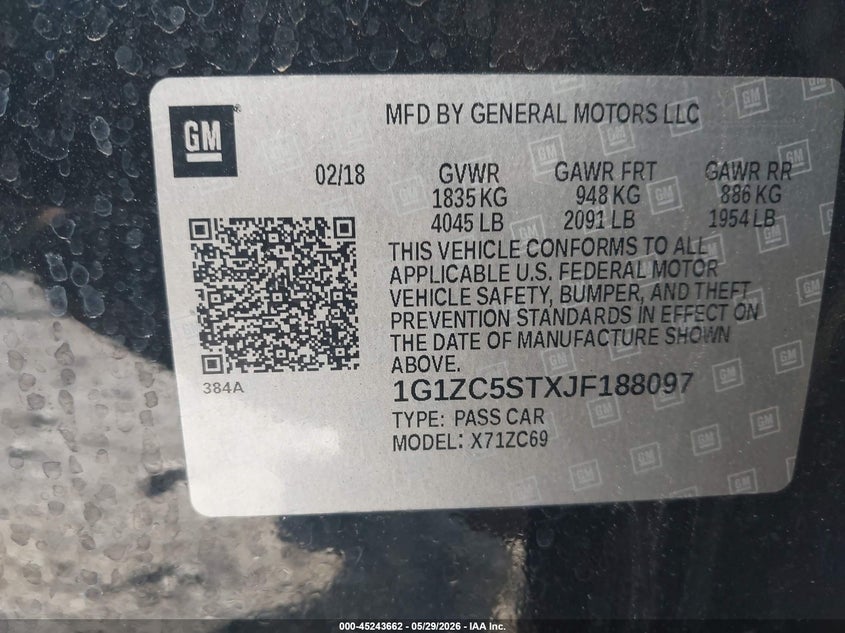 2018 Chevrolet Malibu 1Fl VIN: 1G1ZC5STXJF188097 Lot: 45243662
