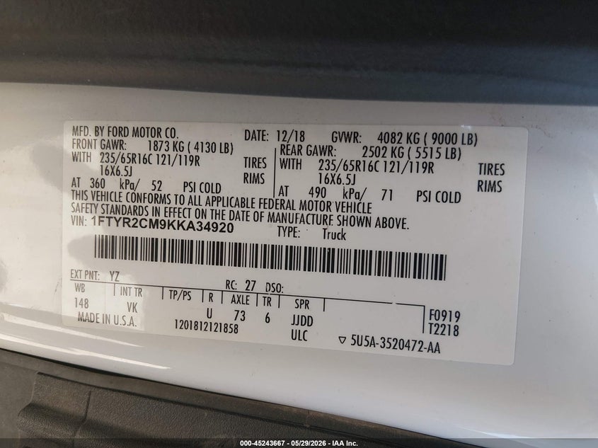 2019 Ford Transit-250 VIN: 1FTYR2CM9KKA34920 Lot: 45243667