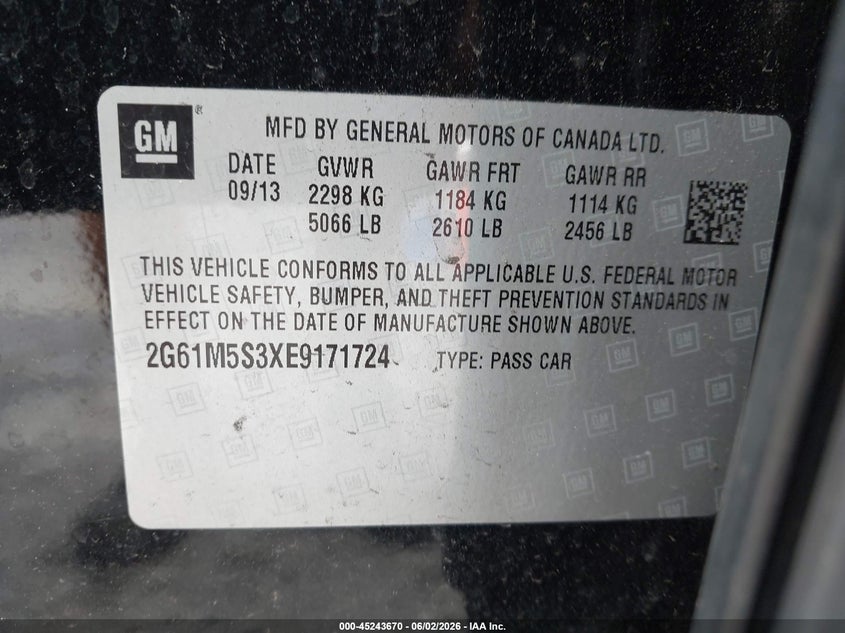 2014 Cadillac Xts Luxury VIN: 2G61M5S3XE9171724 Lot: 45243670