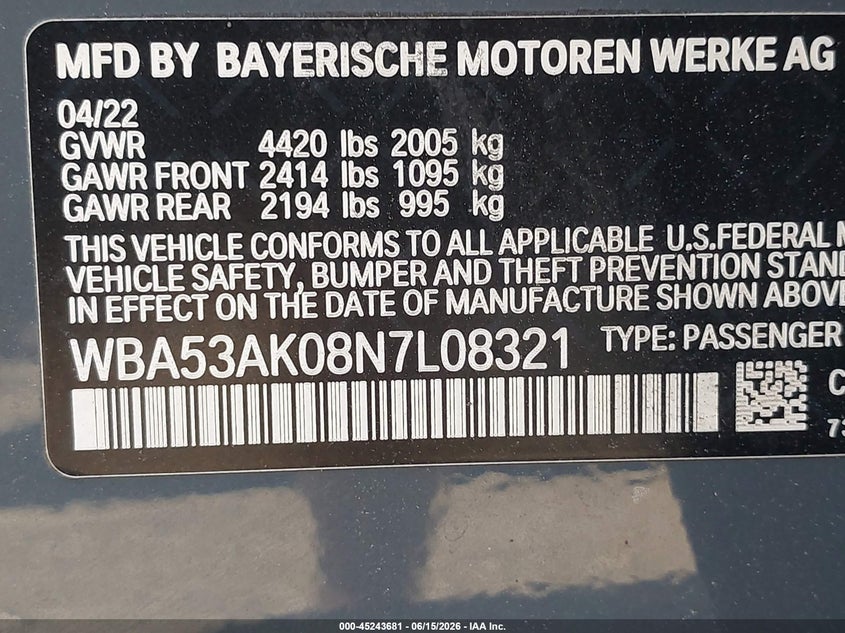 2022 BMW 228 Gran Coupe I Sdrive VIN: WBA53AK08N7L08321 Lot: 45243681