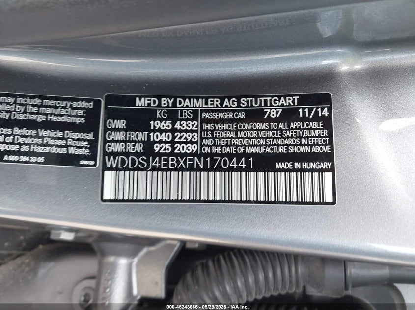 2015 Mercedes-Benz Cla 250 VIN: WDDSJ4EBXFN170441 Lot: 45243686