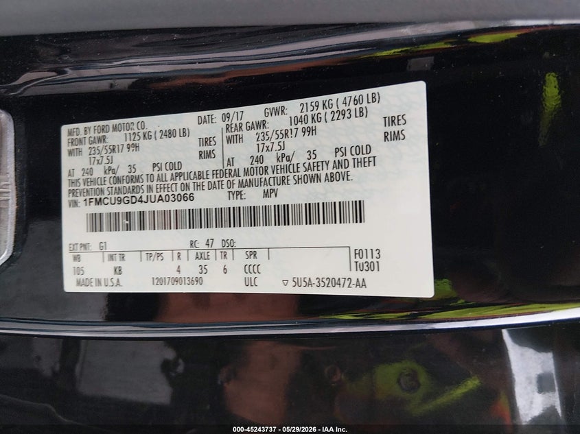 VIN 1FMCU9GD4JUA03066 2018 FORD ESCAPE SE