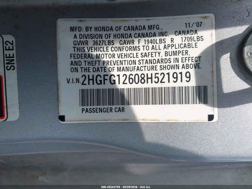 HONDA CIVIC 2008 VIN 2HGFG12608H521919