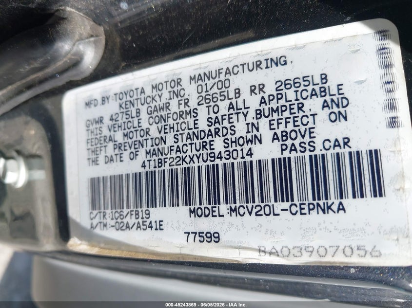 2000 Toyota Camry Le V6 VIN: 4T1BF22KXYU943014 Lot: 45243869