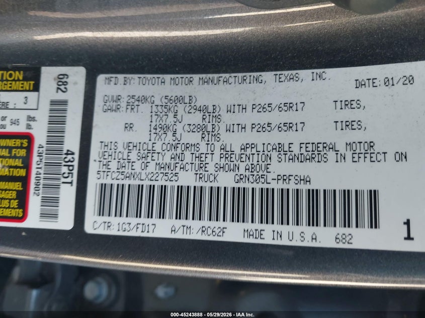 TOYOTA TACOMA 2020 VIN 5TFCZ5ANXLX227525