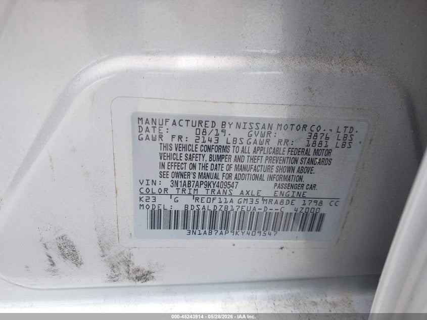 VIN 3N1AB7AP9KY409547 2019 NISSAN SENTRA SV