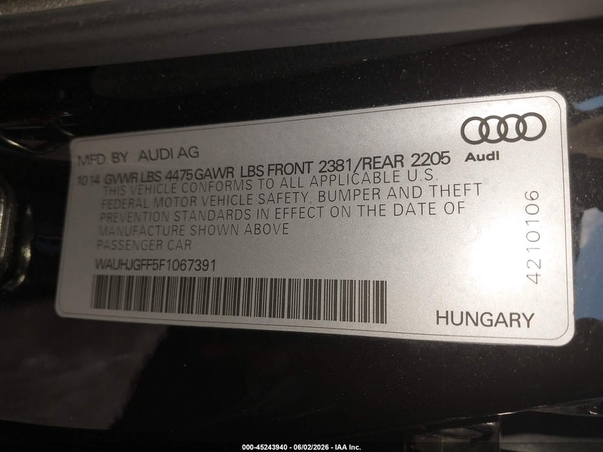 2015 Audi A3 2.0 Tdi Premium VIN: WAUHJGFF5F1067391 Lot: 45243940