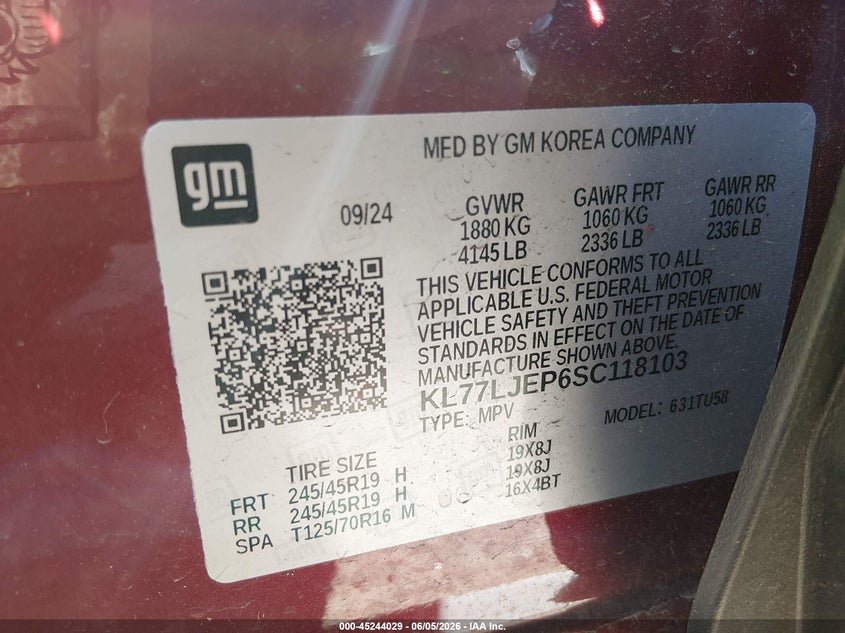 CHEVROLET TRAX 2025 VIN KL77LJEP6SC118103