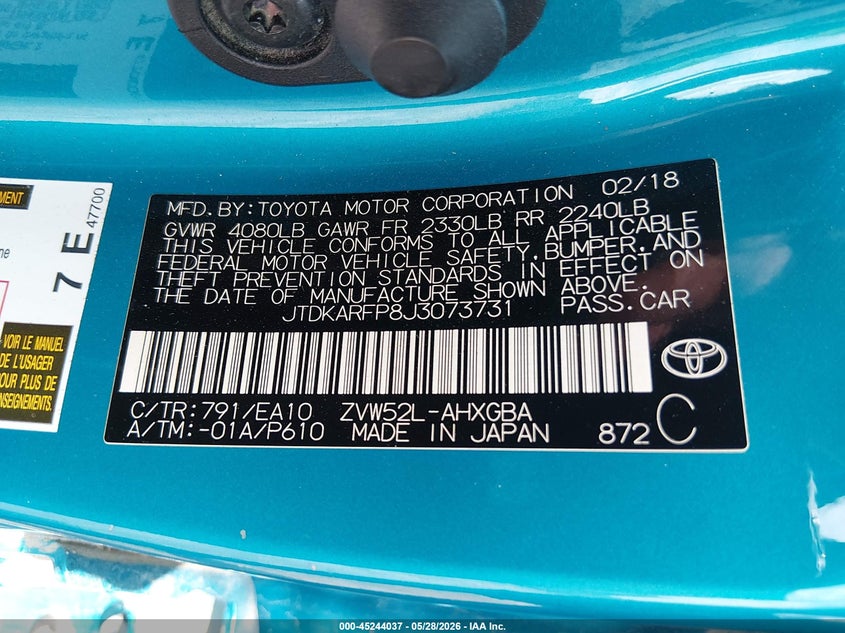 TOYOTA PRIUS PRIME 2018 VIN JTDKARFP8J3073731