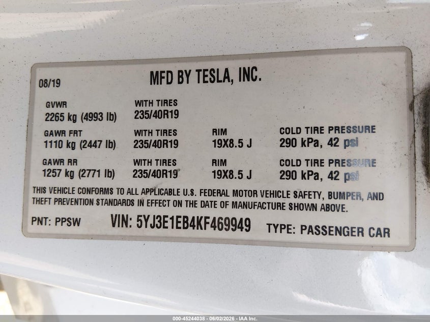 2019 Tesla Model 3 Long Range/Performance VIN: 5YJ3E1EB4KF469949 Lot: 45244038