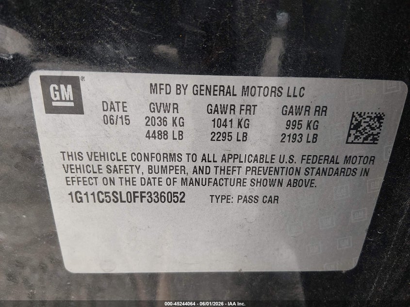 2015 CHEVROLET MALIBU SEDAN 2.5L I-4 DI, DOHC, VVT, 196HP