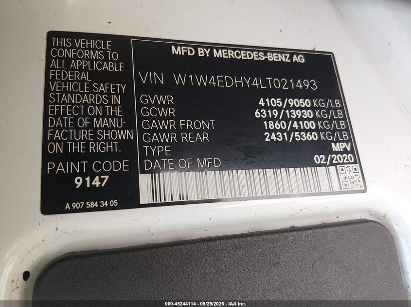 2020 Mercedes-Benz Sprinter 2500 High Roof V6 VIN: W1W4EDHY4LT021493 Lot: 45244114