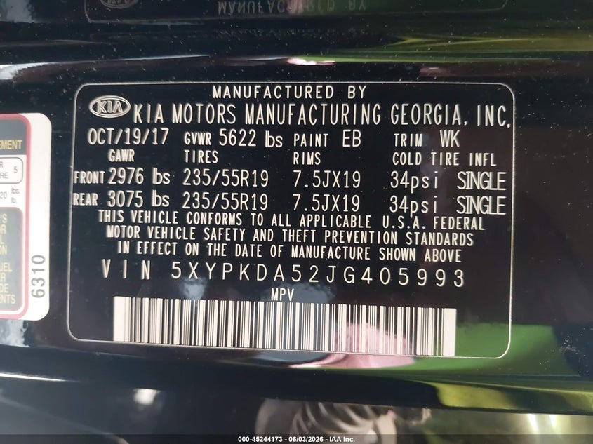 2018 Kia Sorento 3.3L Sx VIN: 5XYPKDA52JG405993 Lot: 45244173