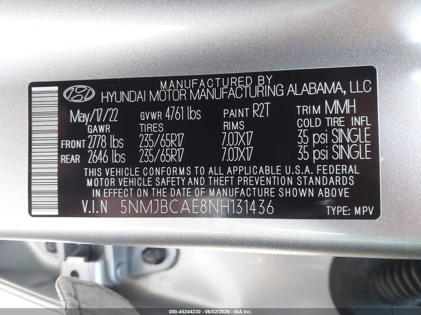 2022 Hyundai Tucson Sel VIN: 5NMJBCAE8NH131436 Lot: 45244230