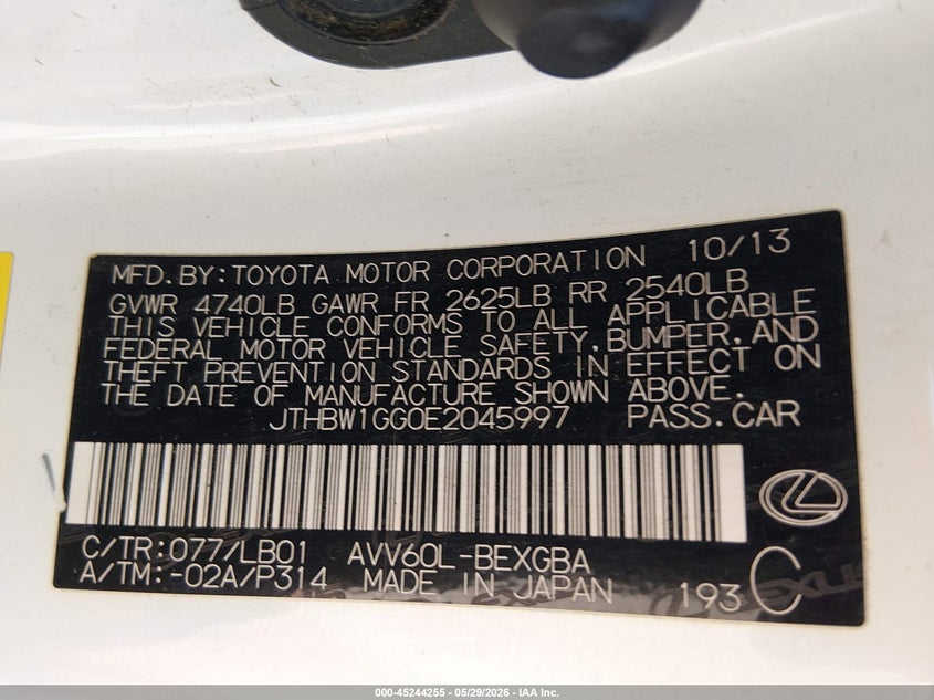 LEXUS ES 300H 2014 VIN JTHBW1GG0E2045997