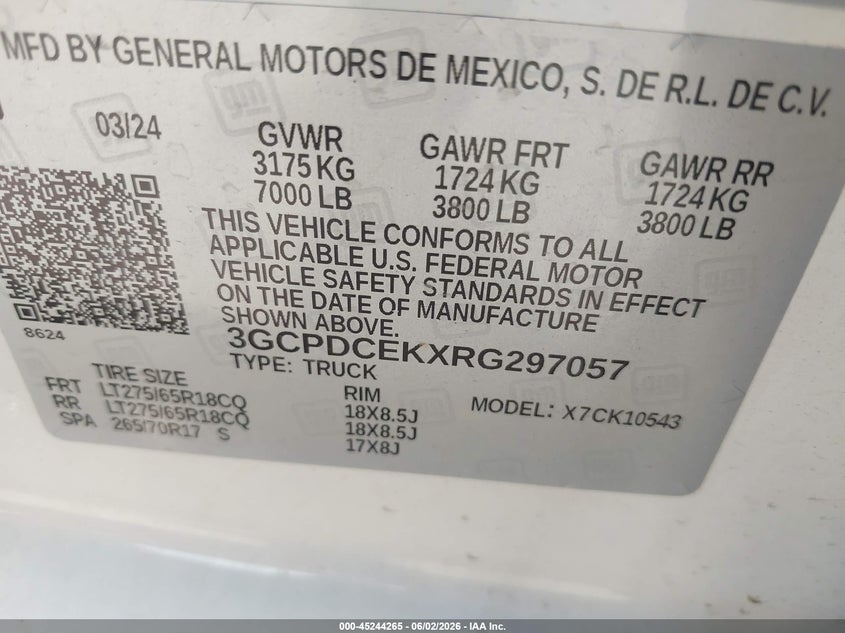 VIN 3GCPDCEKXRG297057 2024 CHEVROLET SILVERADO 1500 4WD  SHORT BED CUSTOM TRAIL BOSS