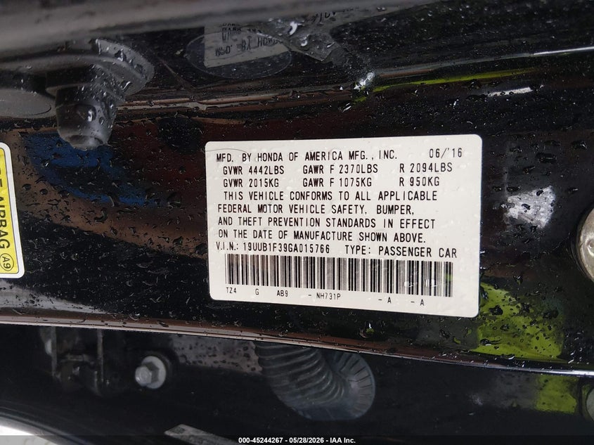 2016 Acura Tlx VIN: 19UUB1F39GA015766 Lot: 45244267