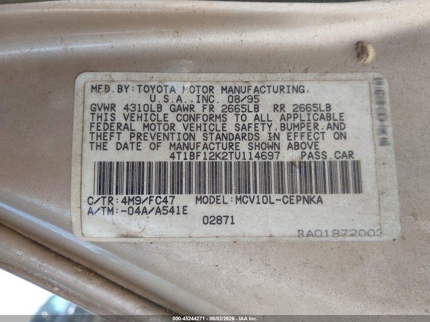 TOYOTA CAMRY 1996 VIN 4T1BF12K2TU114697