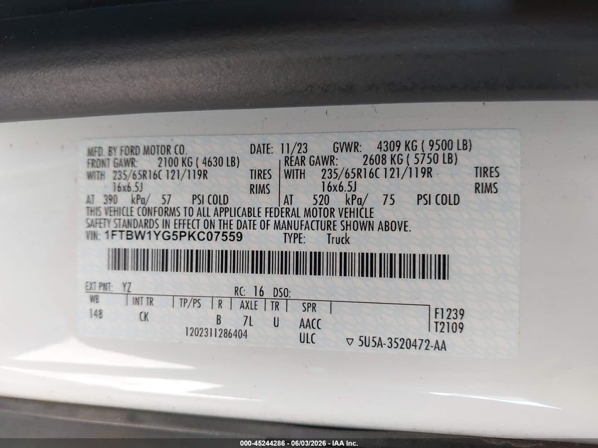 2023 Ford Transit-350 VIN: 1FTBW1YG5PKC07559 Lot: 45244286