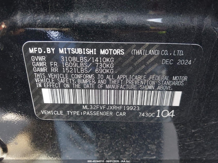 2024 Mitsubishi Mirage G4 Se VIN: ML32FVFJXRHF19923 Lot: 45244310