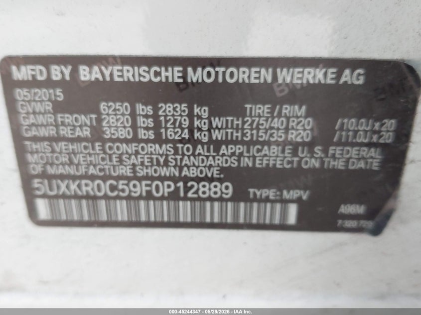 2015 BMW X5 xDrive35I VIN: 5UXKR0C59F0P12889 Lot: 45244347