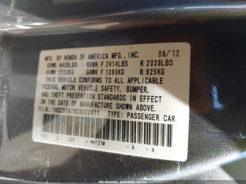 2012 Honda Accord 2.4 2.4 Ex grey Lot 111045244350 Vin 1HGCS1B79CA022411