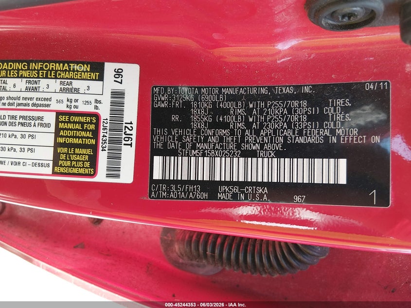 2011 Toyota Tundra Grade 4.6L V8 VIN: 5TFUM5F15BX025232 Lot: 45244353
