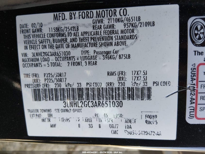 2010 Lincoln Mkz VIN: 3LNHL2GC3AR651030 Lot: 45244391