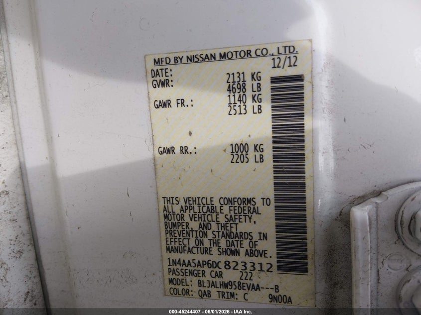 2013 Nissan Maxima 3.5 Sv VIN: 1N4AA5AP6DC823312 Lot: 45244407