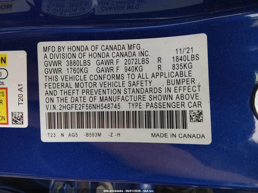 VIN 2HGFE2F56NH548745 2022 HONDA CIVIC SPORT