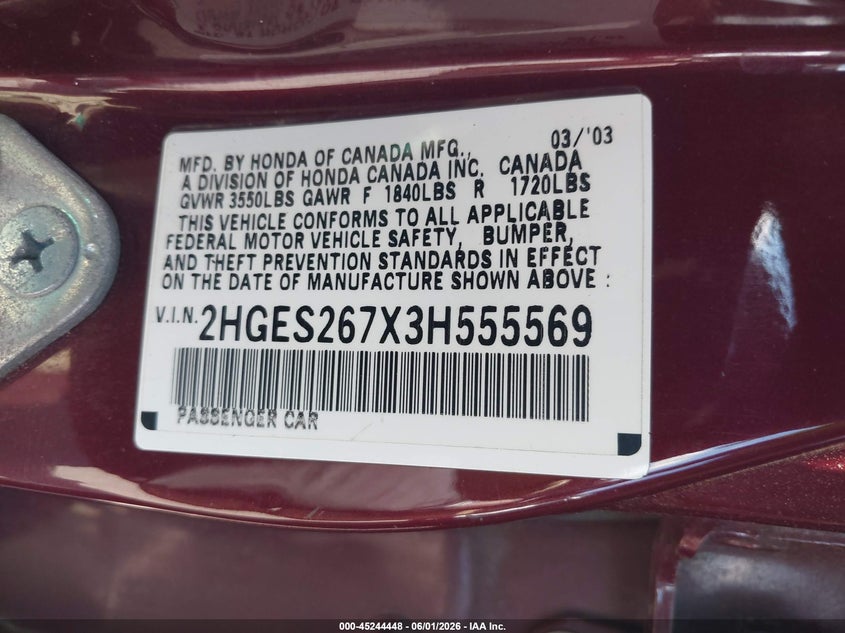 2003 Honda Civic Ex VIN: 2HGES267X3H555569 Lot: 45244448
