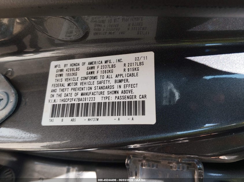 2011 HONDA ACCORD SEDAN 2.4L I-4 DOHC, VVT, 177HP