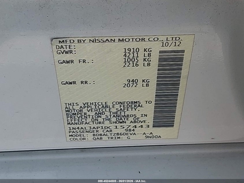 2013 NISSAN ALTIMA SEDAN 2.5L I-4 DOHC, VVT, 182HP