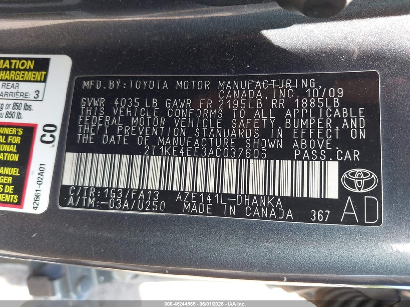 2010 Toyota Matrix S VIN: 2T1KE4EE3AC037606 Lot: 45244565