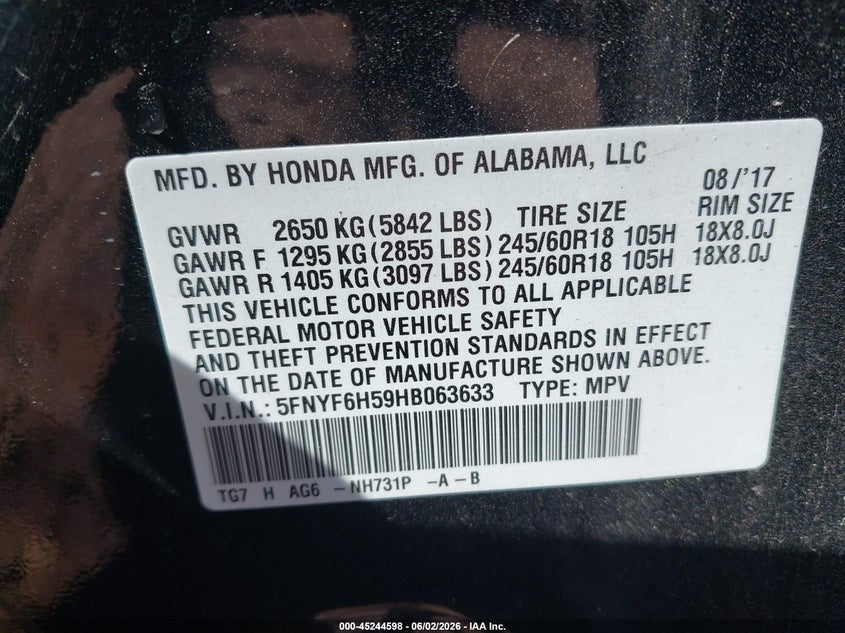 2017 Honda Pilot Ex-L VIN: 5FNYF6H59HB063633 Lot: 45244598