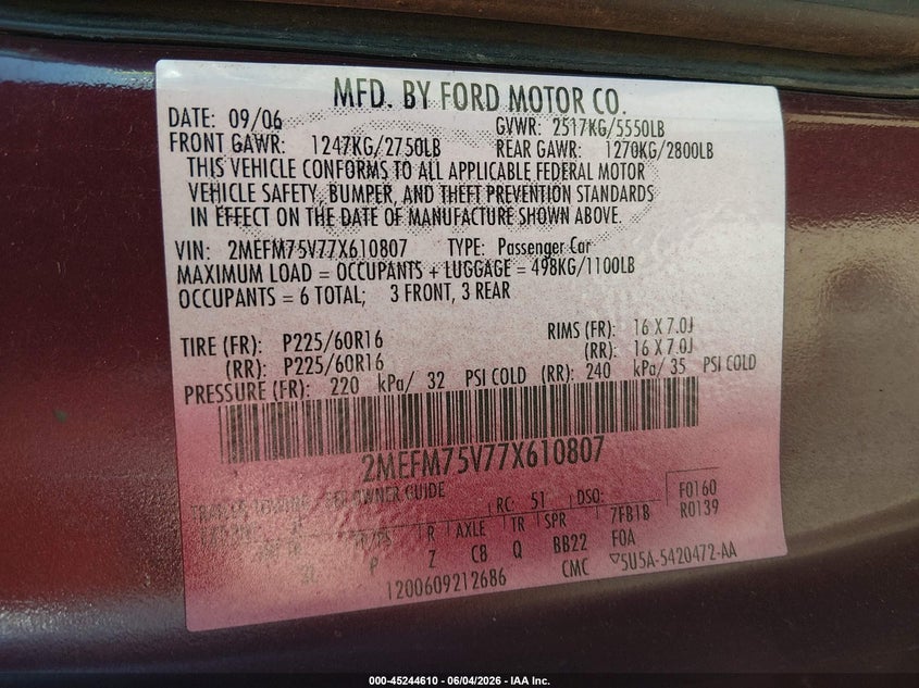 2007 Mercury Grand Marquis Ls VIN: 2MEFM75V77X610807 Lot: 45244610